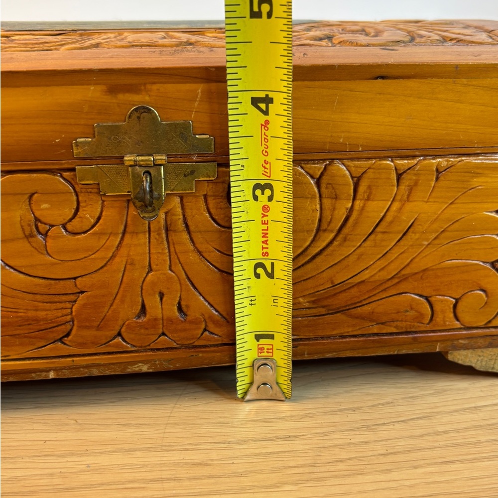 Vintage Hand-Carved Wooden Dovetail Box Scenic Inlay Mirror - Honey Brown - Picture 14 of 14